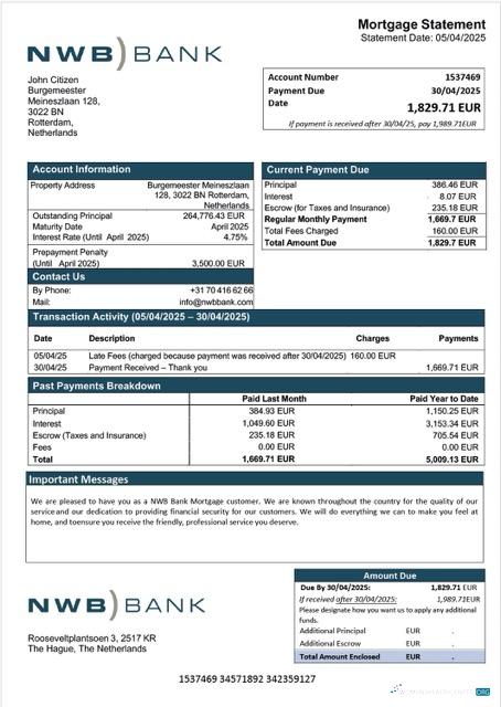 Download Netherlands NWB Bank mortgage statement Word and PDF template Photoshop template